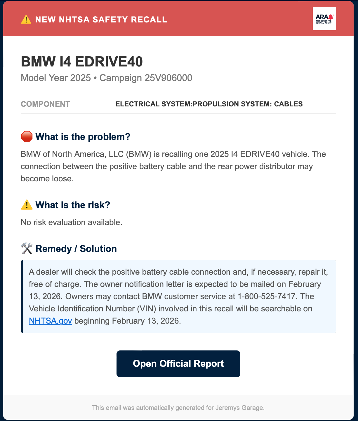 Example Recall Alert Email